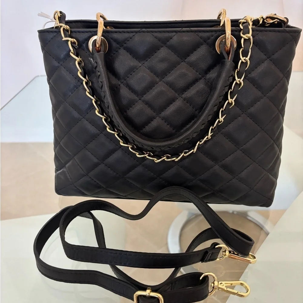 Black Quilted Leather Shoulder Bag with Gold Chain & Starp